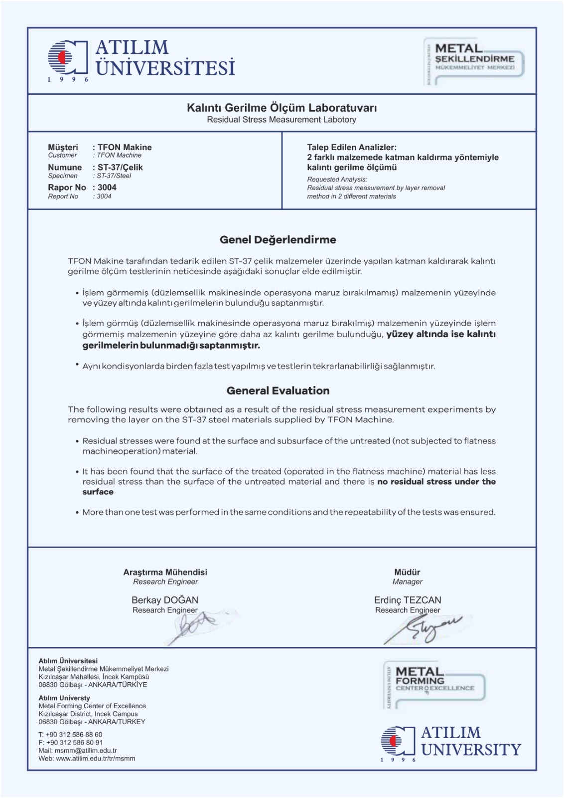 Residual Stress Measurement Certificate