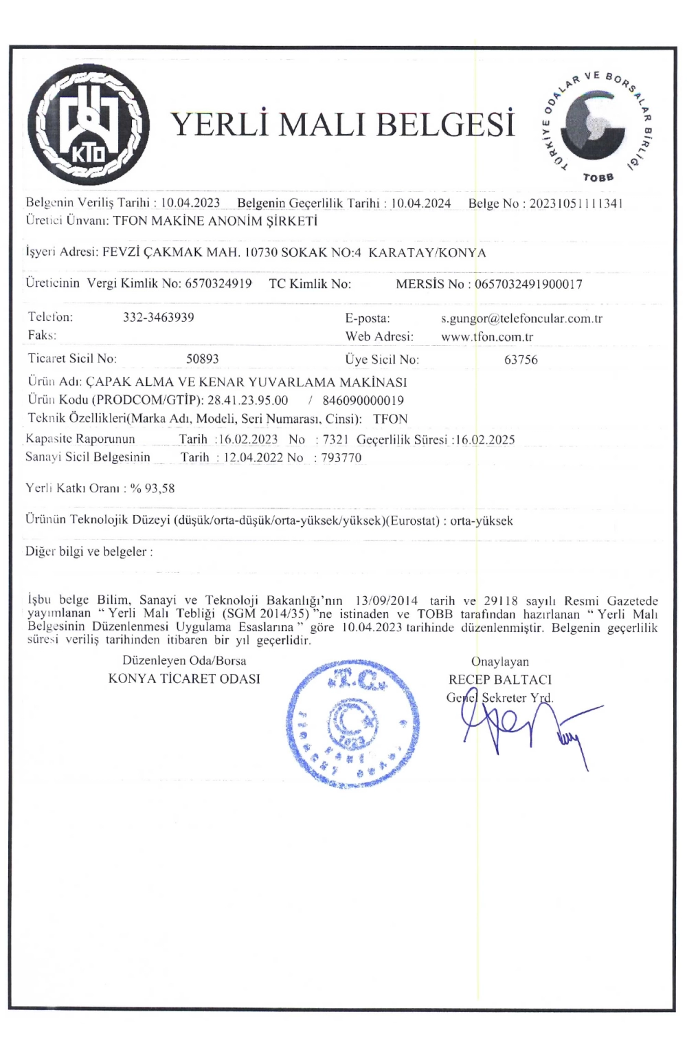 Tfon Surfacer® Domestic Goods Certificate